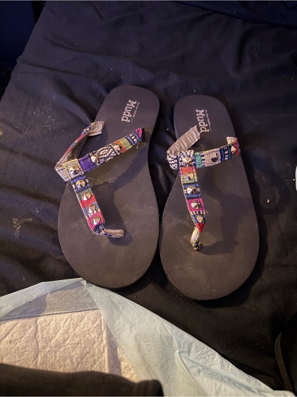 Mudd Black Flip Flop Sandals with Multicolor Beaded Straps size 7/8